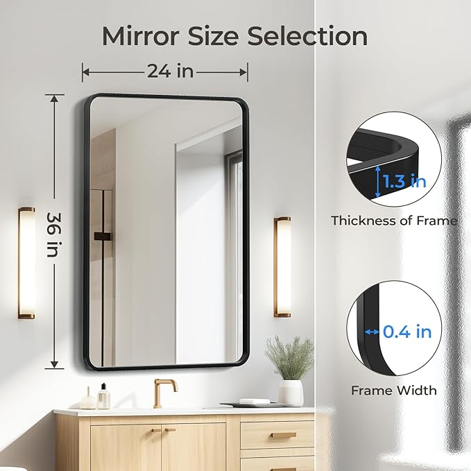 USHOWER Black Bathroom Mirror for Over Sink 24 x 36 Inch, Metal Frame Rectangle - Image 4