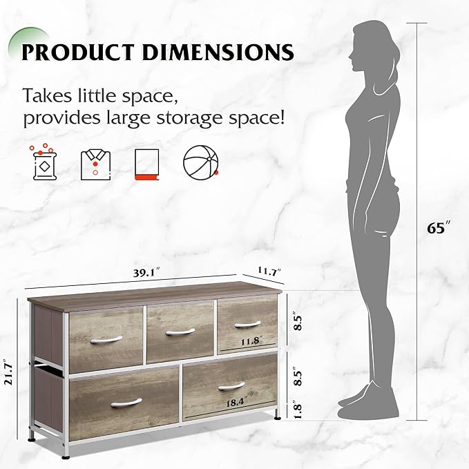 WLIVE Dresser for Bedroom with 5 Drawers, Wide Chest of Drawers, Fabric Dresser - Image 3