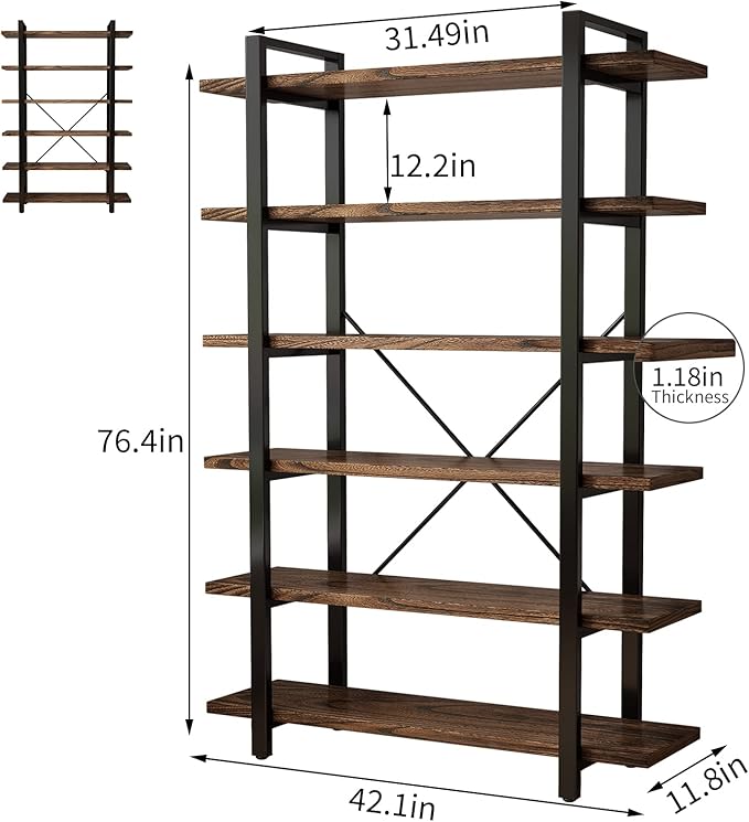 Solid Wood Bookcase and Book Shelves Wood and Metal Shelving Unit 6 Tier - Image 2