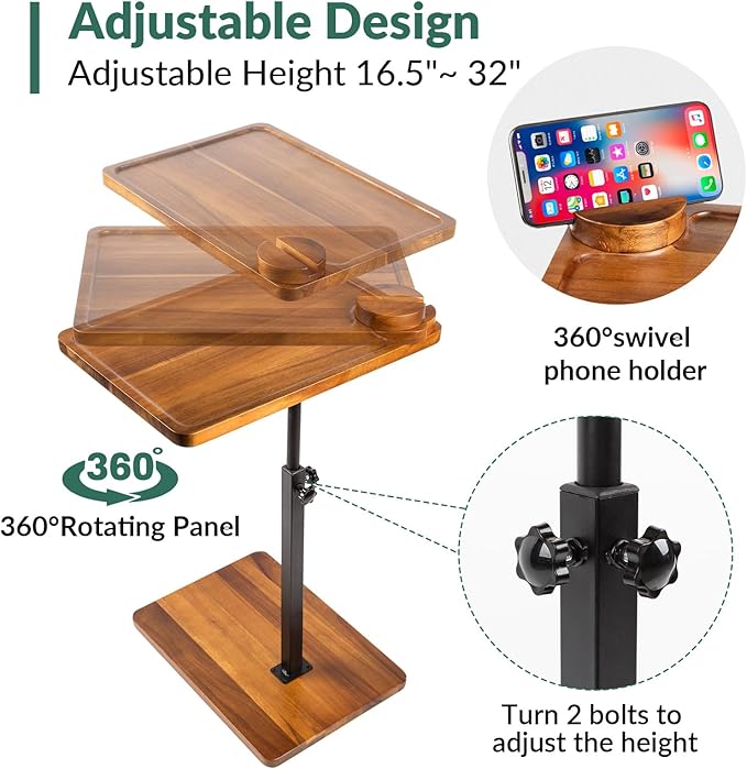 Solid Wood Acacia Wood Couch Table, 360° Swivel Height Adjustable C Table - Image 4