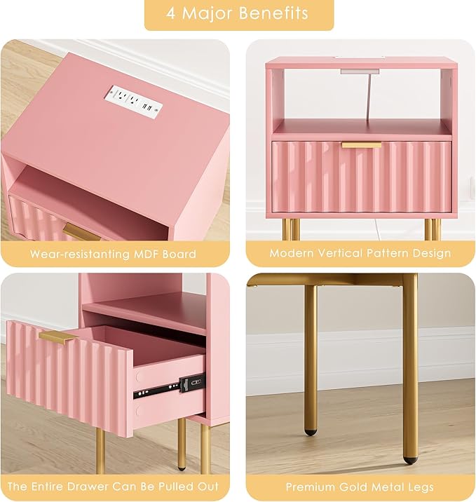 Masupu Nightstand with Charging Station, Mid-Century Modern Bedside Table with - Image 5