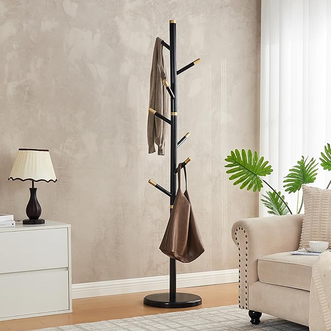 CozyDH Black Coat Rack Freestanding Solid Wood Coat Rack Stand, Coat Tree - Image 2
