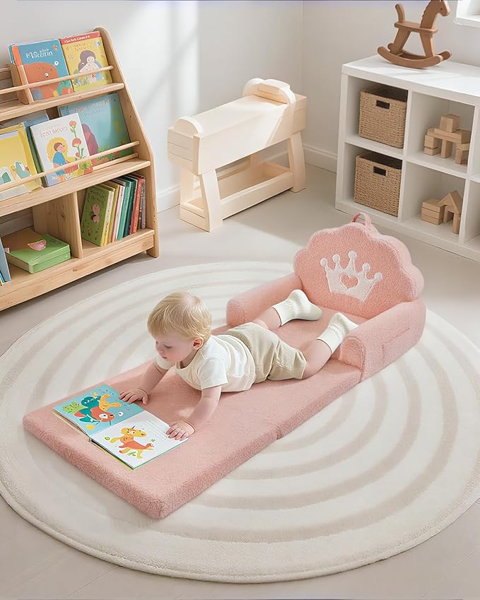 2-in-1 Kids Couch Fold Out, Soft Teddy Sherpa Toddler Couch - Image 5