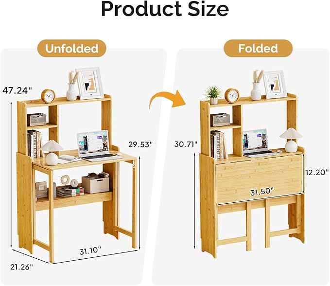 31.1" Bamboo Folding Desk with Bookshelf, Compact Computer Desk - Image 6
