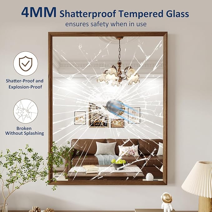 WEER Walnut Bathroom Mirror, Walnut Framed Mirror 28X36 Inch, Rectangle Wall - Image 2