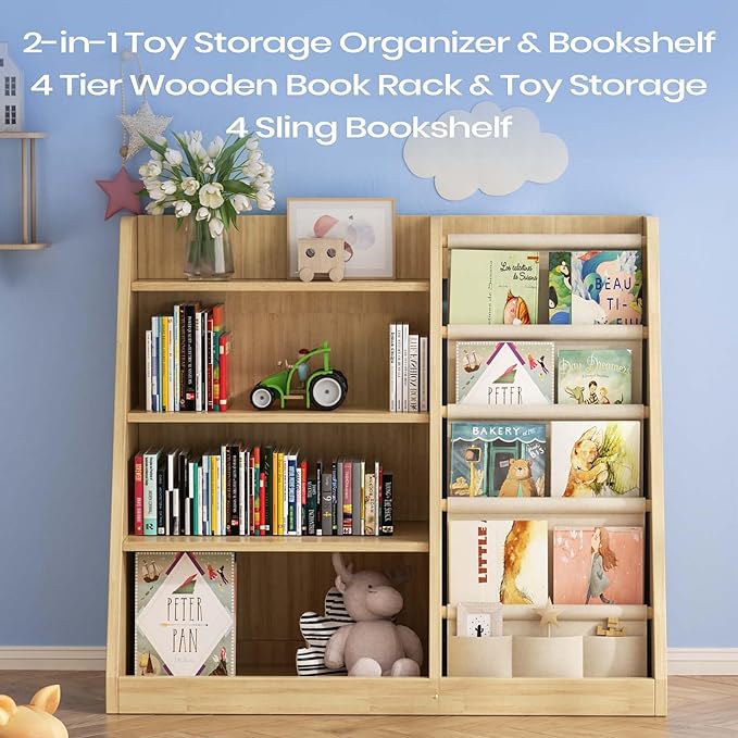 Kids Bookshelf and Toy Storage Organizer, 4 Tier Wooden Kids Book Shelf - Image 5