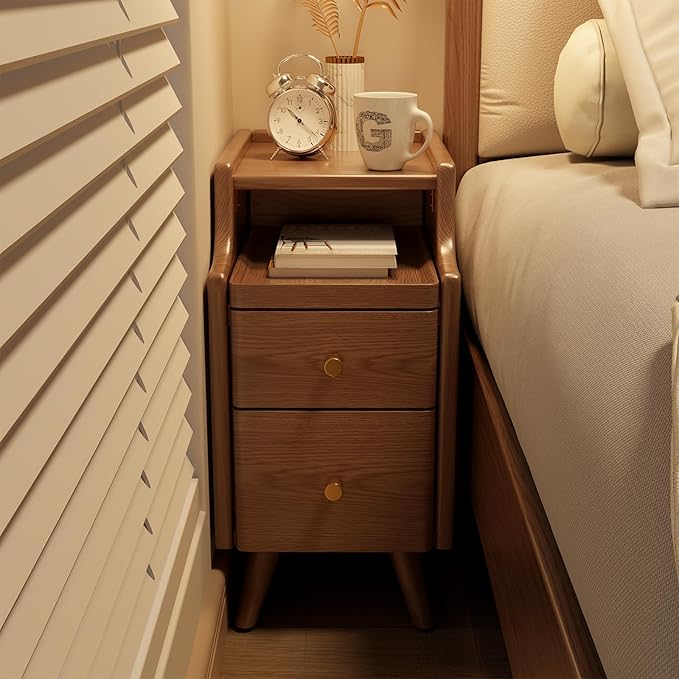Small Nightstand with Drawers, Solid Wood Bedside Table, Narrow Walnut - Image 5