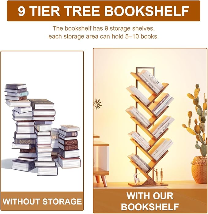Tree Book Shelf with LED Lights, 9 Tier Floor Standing Bookcase, Classical - Image 6