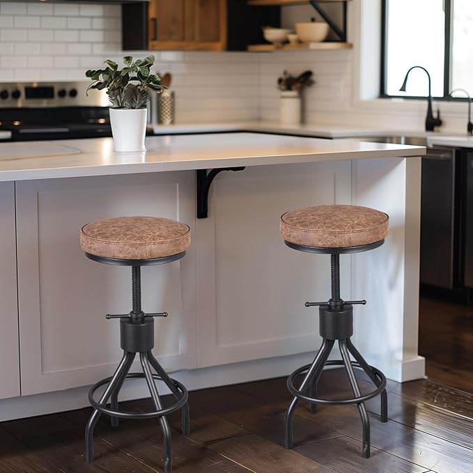 Set of 2-Vintage Bar Stool Swivel PU Leather Seat Kitchen Island Workbench - Image 2