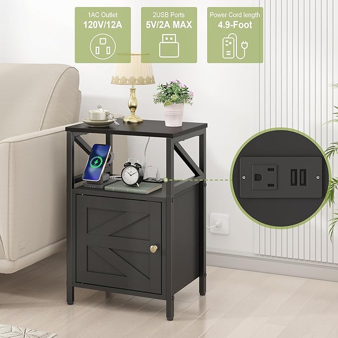 Farmhouse Side Table with Charging Station -3-Tier USB Ports & Outlets End Table - Image 5