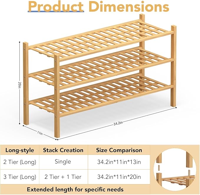 Haddockway Long 3 Tier Bamboo Shoe Rack Storage Organizer, Small Space - Image 3
