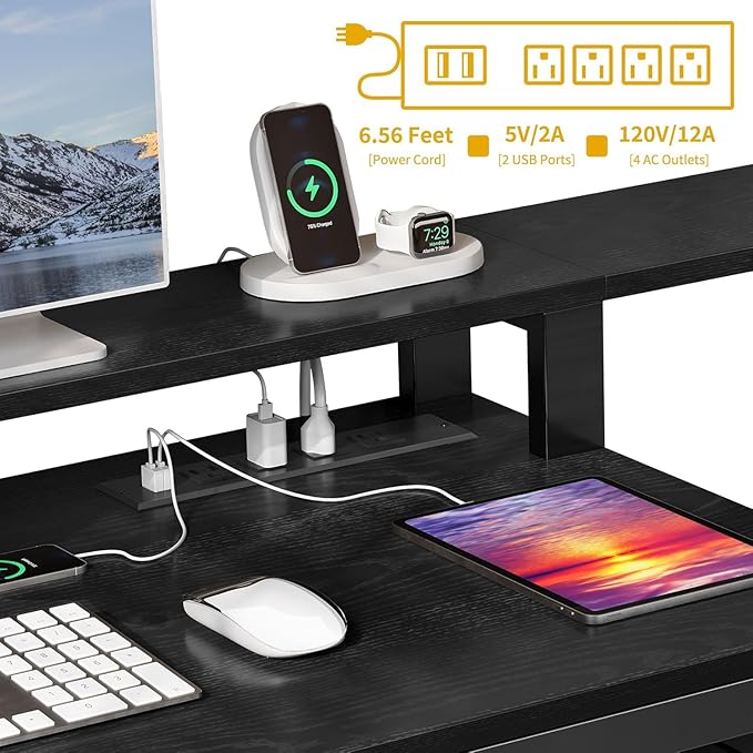 DWVO L Shaped Desk with Drawers, Corner Home Office Desk with Storage Shelves & - Image 4