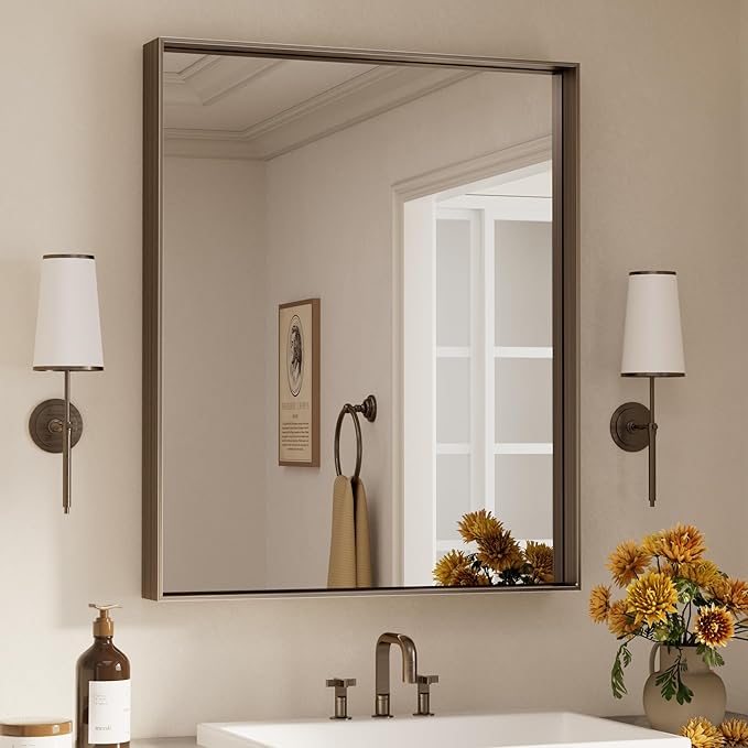 Keonjinn 30 x 36 Inch Brushed Bronze Bathroom Mirror, Metal Framed Rectangular by Keonjinn