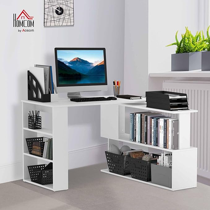 HOMCOM L Shaped Desk, Corner Computer Desk, 360 Degree Rotating Home Office Desk - Image 2