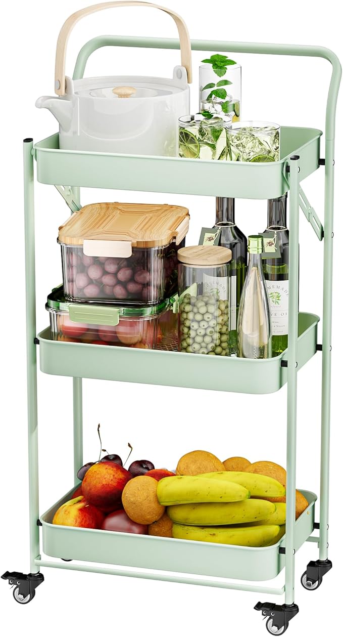 JAQ Foldable Rolling Cart, 3-Tier Metal Folding Storage Utility Carts Basket - Image 7