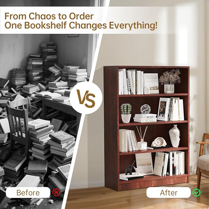 Wooden Bookcase with Adjustable Shelves, 4 Tier Wooden Bookshelf - Image 4