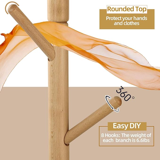 Yawinhe Coat Rack, Sturdy Wooden Coat Tree - Image 3