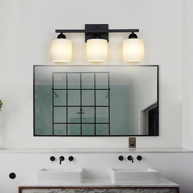 Milk Glass Vanity Lights for Bathroom, 3 Light Matte Black Bathroom Light - Image 6