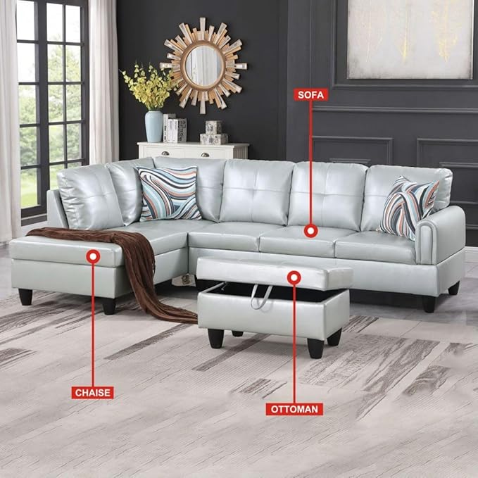Silver Green L-Shaped 3-Piece Faux Leather Sofa - Image 3