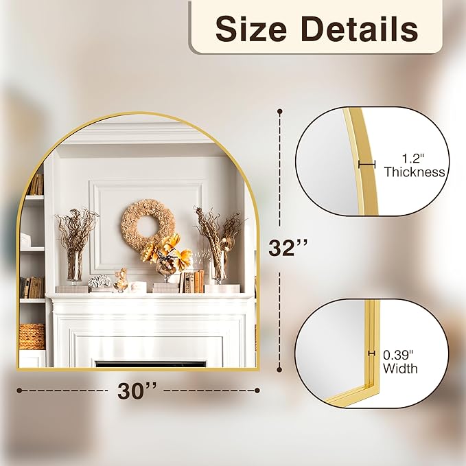 FICTOR Bathroom Vanity Mirror for Wall, 32”x30” Arched Metal Framed Bathroom - Image 2