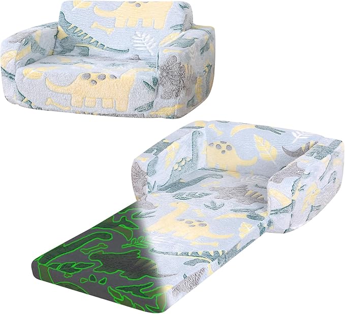 Foldable Kids Sofa Extra Wide for 2 Seats, Soft Kids Fold Out Couch Glow in The by Dormlony