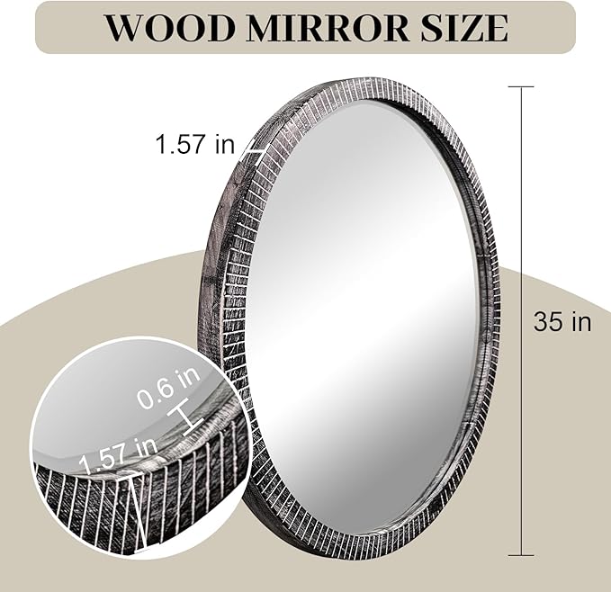 35" Round Wood Mirror, Rustic Circle Wall Mirror - Image 3