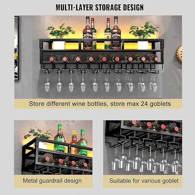 Pengfei LED Wine Rack Wall Mounted, Industrial Metal Wall Wine Shelf & Glass - Image 3