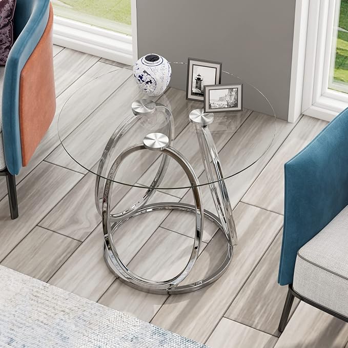 O&K FURNITURE Silver End Table for Living Room, Glass Side Table for Bedroom - Image 4