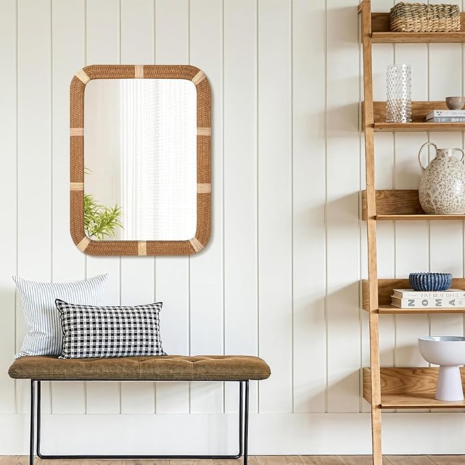ULIKE Rectangle Rattan Wall Mirror, 22x30 Inch Rustic Farmhouse Wall Decor - Image 5