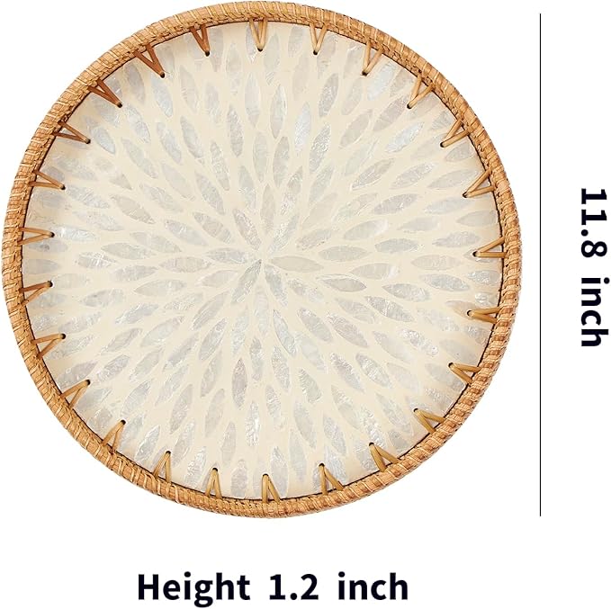 Round Rattan Tray with Mother of Pearl Inlay, Rattan Serving Tray with Wooden - Image 6