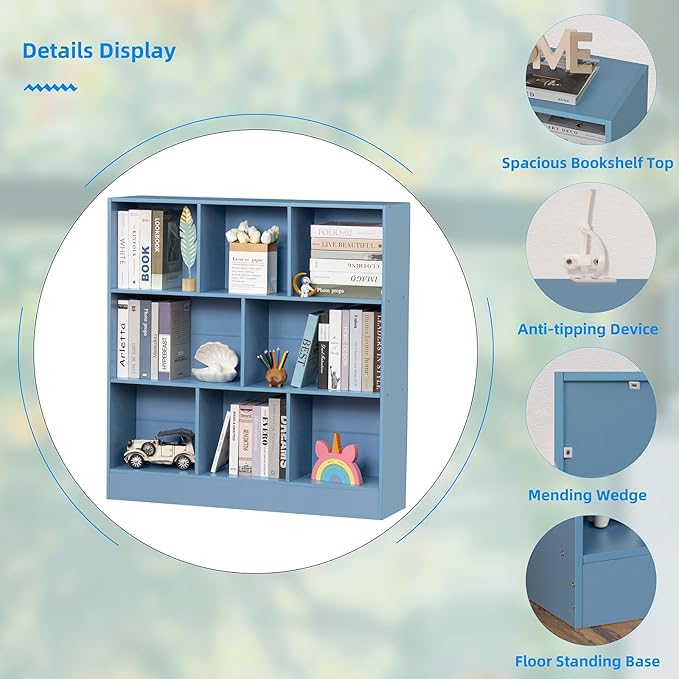 YAHARBO 3 Tier Bookshelf, Wide Kids Horizontal Bookcase, 8 Cube Blue Book Shelf - Image 5