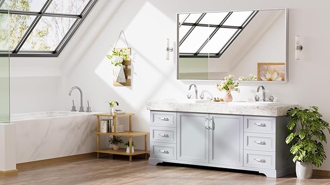 Keonjinn 55 x 30 in Brushed Silver Bathroom Vanity Mirror, Large Silver Framed - Image 2