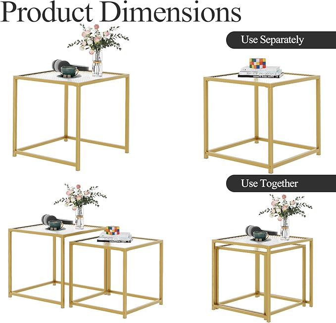 VILAWLENCE Coffee Table Set of 2, Modern Gold Patterned Glass Side Table - Image 7