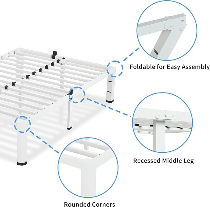 18 Inch Full Size White Bed Frame, 3500Lbs Heavy Duty Metal Platform - Image 5