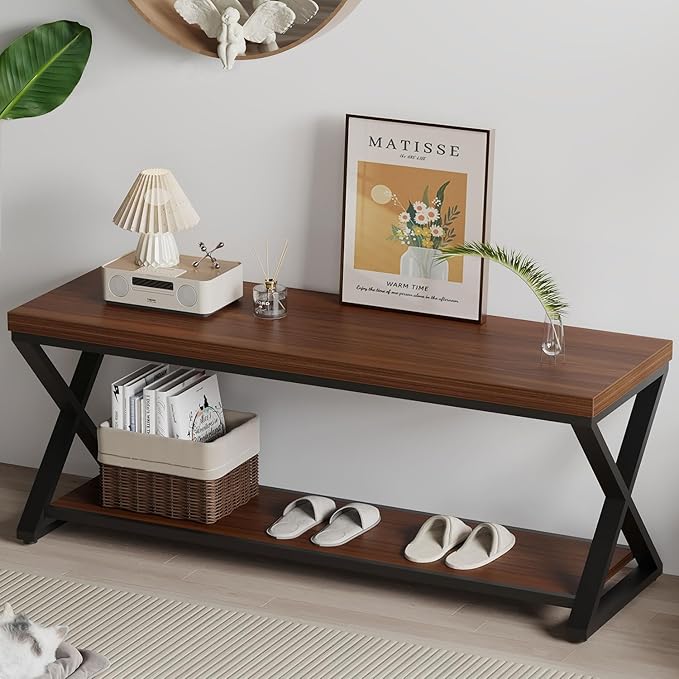 IBF Wood Entryway Bench Indoor, Industrial Wooden Metal Entry Shoe Storage by IBF