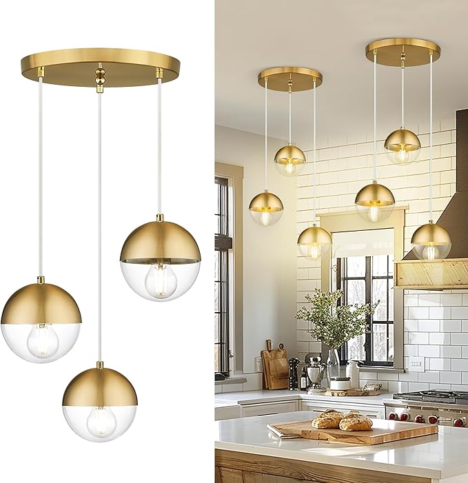 LMS Brushed Gold 3-Light Cluster Pendant Lights, Modern Dining Room Light by LMS