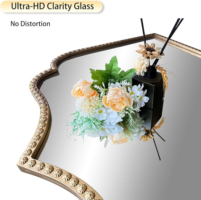 Gold Arched Mirror, Metal Beaded Frame Ornate Decorative Mirror, Scalloped - Image 5