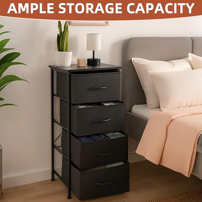 Nightstand with 4 Fabric Bins, Bedside Furniture, Night Stand, End Table - Image 4