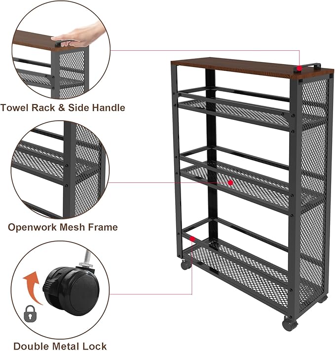 2025 New, Slim Kitchen Storage Cart, 3-Tier Metal Rolling Utility Cart Mesh - Image 3