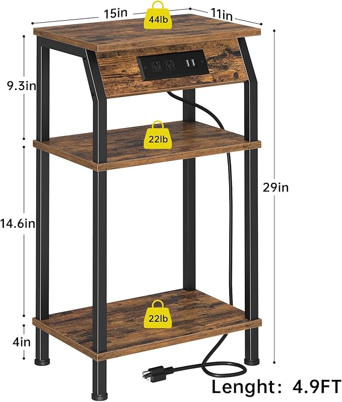 Tall Side Table with Storage, 3-Tier Small End Table with Charging Station - Image 3