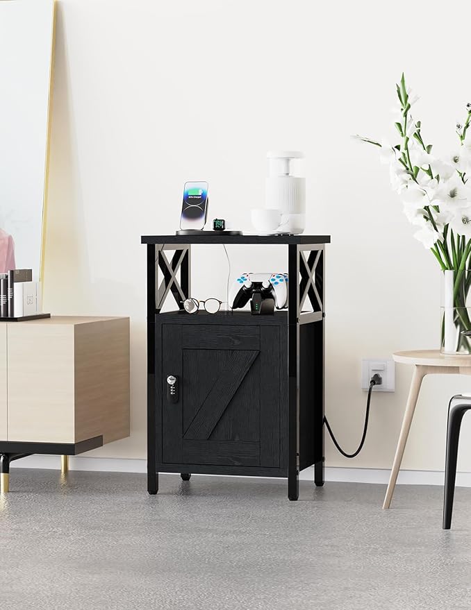 Wooden Nightstand with Charging Station, Bed Side Table with Drawers, Bedside - Image 7