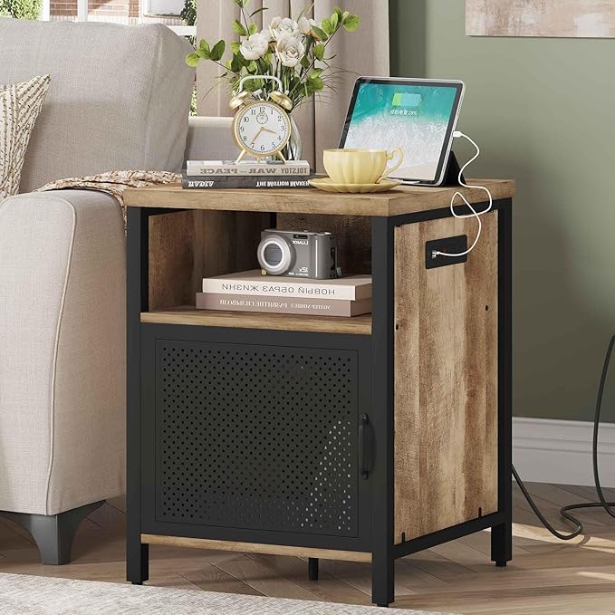 FATORRI End Table with Storage, Rustic Side Table by FATORRI