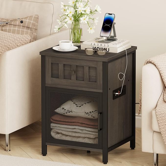 FATORRI End Table with Charging Station, Farmhouse Side Table with Drawer - Image 9