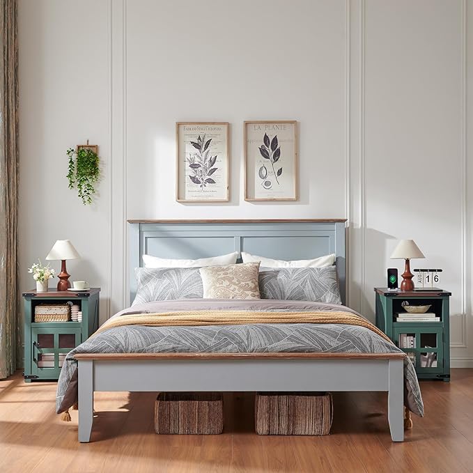 Farmhouse Nightstand with Charging Station, Rustic End Table with Tempered - Image 7