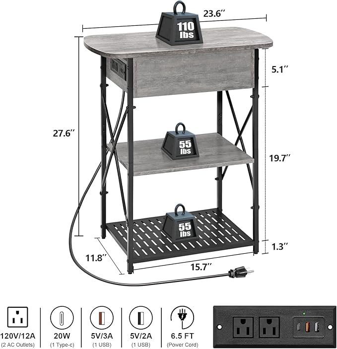 Narrow End Table with Charging Station, Flip Top End Table with Storage - Image 3