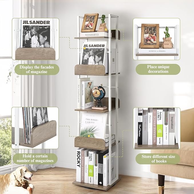 Bikoney Bookshelves 5-Tier, Rotating Bookshelf Tower - Image 3