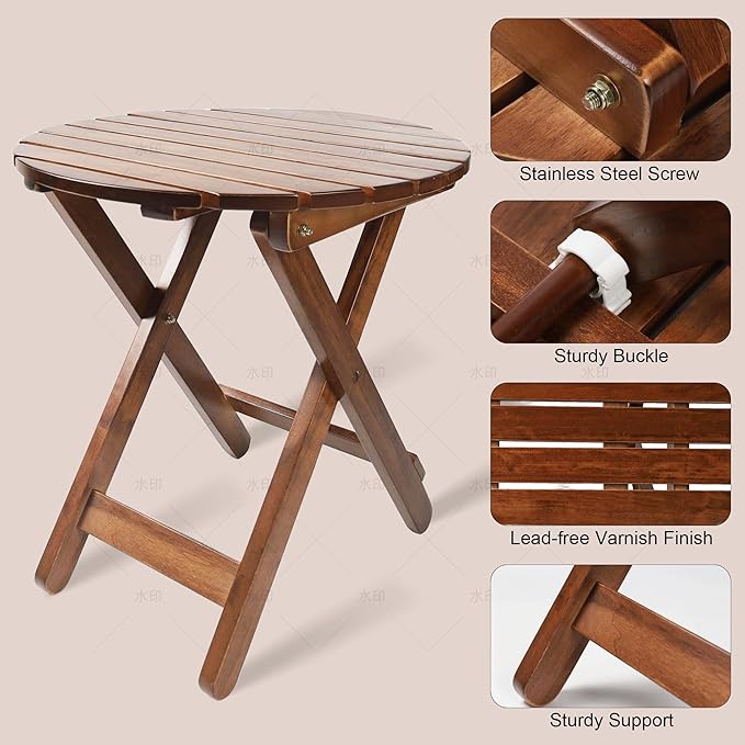 Outdoor Patio Side Table Round Small Wood End Table Folding Coffee Furniture - Image 4