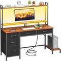 Computer Gaming Desk with Hutch, Home Office Desk with Power Outlets, LED Light by Korfile