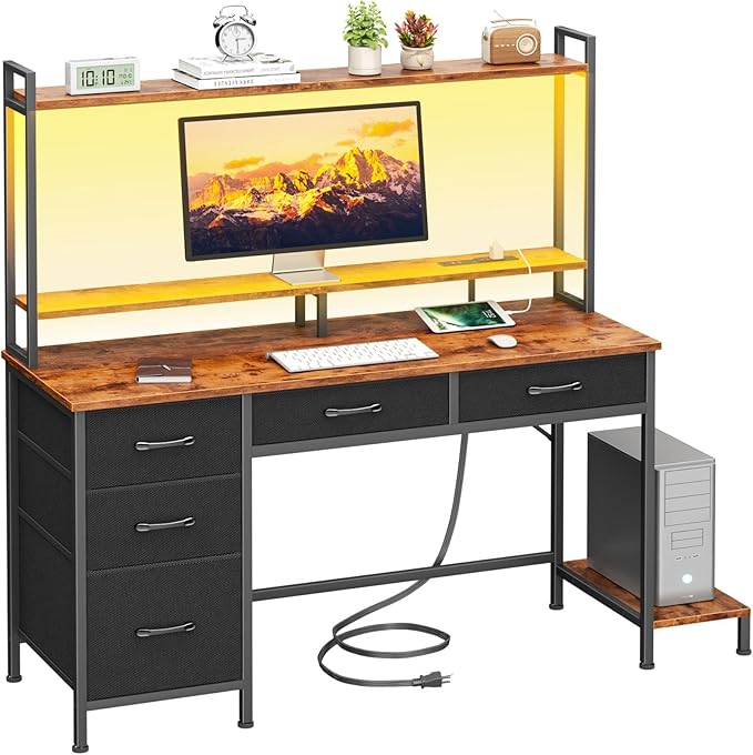 Computer Gaming Desk with Hutch, Home Office Desk with Power Outlets, LED Light by Korfile