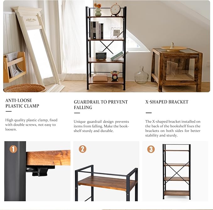 Crofy Rustic Bookshelf, 4 Tier Real Wood Bookshelf, Metal Book Shelf - Image 6
